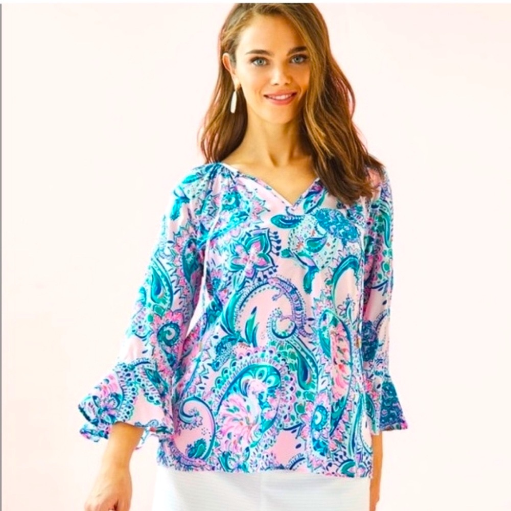 Lilly Pulitzer Willa Flounce Sleeve Blouse Shirt Top Bell Sleeve